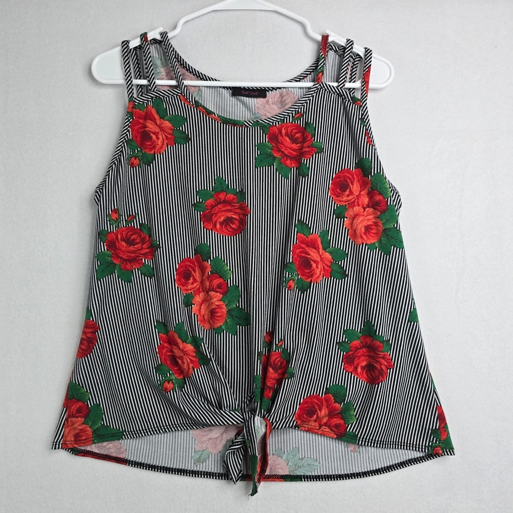 First Love Black White Stripe Rose Print Knot Front Tank Top Plus SZ XL boho Y2K